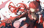  1girl binxngchng1 black_choker black_jacket black_leotard black_ribbon breasts choker cleavage collarbone covered_navel floating_hair gloves hair_ribbon highres holding_hands jacket leotard long_hair long_sleeves open_clothes open_jacket persona persona_5 persona_5_the_royal ponytail red_eyes red_gloves red_hair ribbon yoshizawa_kasumi 