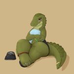  2023 absurd_res anthro blush bracelet clothed clothing crocodile crocodilian crocodylid digit_ring digital_media_(artwork) female fully_clothed green_body hi_res jewelry looking_at_viewer louart purple_eyes reptile ring scalie simple_background solo toe_ring 