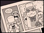  1girl 3boys :&gt; ayyk92 blush bow bowser bowtie buttons crown dress facial_hair formal gloves hat holding horns jacket luigi manga_(object) mario mario_(series) multiple_boys mustache official_alternate_costume pants princess_peach speech_bubble top_hat trembling vest wedding_dress 