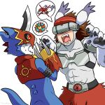 abs anthro armor bandai_namco blue_body claws digimon digimon_(species) duo flamedramon hi_res humanoid humor male pawpads red_eyes scared silphymon thatsquirrelly visor 