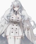  1girl blue_eyes breasts bridal_garter cleavage cleavage_cutout clothing_cutout coat gloves grey_hair hair_ornament large_breasts long_hair myumyutain necktie original simple_background solo thighhighs white_gloves 