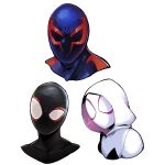  1girl 2boys blue_bodysuit bodysuit covered_collarbone cropped_torso furrowed_brow highres hood hood_up hooded_bodysuit marvel mask multicolored_bodysuit multicolored_clothes multiple_boys pink_bodysuit red_bodysuit reference_sheet simple_background spawfin spider-gwen spider-man:_across_the_spider-verse spider-man_(2099) spider-man_(miles_morales) spider-man_(series) two-tone_bodysuit white_background white_bodysuit 