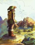  1boy absurdres brown_footwear brown_hair brown_shirt castle dated facing_away flock flute full_body green_headwear highres holding holding_instrument holding_sword holding_weapon instrument link male_focus outdoors pointy_ears shield shield_on_back shirt short_hair signature standing sword the_legend_of_zelda the_legend_of_zelda_(nes) weapon yasmeen 