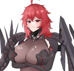  1girl absurdres ahoge angry armored_leotard bodystocking boobplate breasts clenched_teeth commentary crossed_arms fang gauntlets goddess_of_victory:_nikke hair_between_eyes hanco_(xpvg7732) highres large_breasts long_hair looking_at_viewer mechanical_tail nihilister_(nikke) red_eyes red_hair rigging see-through_cleavage shadow sidelocks simple_background solo standing tail teeth upper_body white_background 