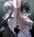  2girls absurdres arm_up armpits black_gloves black_hair black_hairband black_sweater breasts clenched_teeth closed_mouth dark-skinned_female dark_skin gloves grey_hair hairband highres looking_at_viewer meme_attire mole mole_under_mouth multiple_girls nier:automata nier_(series) presenting_armpits sideboob swater sweater teeth tomodachi_(tomofanart) virgin_killer_sweater white_gloves white_hair white_hairband white_sweater yorha_no._2_type_b yorha_type_p_no._2 