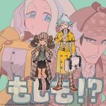  2boys 2girls blue_eyes briefcase closed_eyes cosplay costume_switch dark-skinned_female dark_skin earrings frown full_body gloves green_eyes guzma_(pokemon) haraya jewelry looking_at_viewer melony_(pokemon) multiple_boys multiple_girls official_alternate_costume one_eye_closed plaid_headwear pokemon pokemon_(game) pokemon_masters_ex pokemon_sm pokemon_swsh shauna_(pokemon) shauna_(pokemon)_(cosplay) shauna_(special_costume)_(pokemon) smile sparkle steven_stone steven_stone_(cosplay) steven_stone_(special_costume) watermark white_gloves 