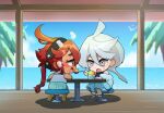  2girls akikoke blue_eyes blue_skirt blush chibi feeding food grey_eyes gundam gundam_suisei_no_majo miorine_rembran multiple_girls ocean red_hair sandals shaved_ice shirt shorts sitting skirt striped striped_shirt suletta_mercury sweat table white_hair 