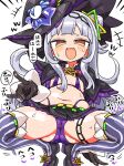  1girl black_bra black_gloves blush bra commentary_request cone_hair_bun gloves grey_hair hair_bun hair_ornament hat hololive kanikama laughing long_hair murasaki_shion navel panties purple_panties single_hair_bun solo squatting sweat thigh_strap thighhighs translation_request underwear virtual_youtuber witch_hat yellow_eyes 