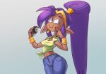  2019 absurd_res breasts brown_body brown_skin clothing dessert ear_piercing eating female food genie hair hi_res humanoid humanoid_pointy_ears ice_cream long_hair mkmaffo not_furry piercing purple_hair shantae shantae_(series) simple_background solo wayforward 