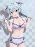  1girl aqua_eyes bare_arms blue_hair bra breasts checkered_background cleavage closed_mouth collarbone cowboy_shot floating_hair frilled_bra frilled_panties frills grey_background grey_bra grey_choker grey_panties hair_between_eyes highres holding holding_hair long_hair looking_at_viewer magia_record:_mahou_shoujo_madoka_magica_gaiden mahou_shoujo_madoka_magica marutaya medium_breasts minami_rena navel panties smile solo standing thigh_gap two_side_up underwear underwear_only 
