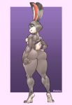  2023 4_fingers absurd_res anthro bedroom_eyes big_butt breasts butt countershade_feet countershading disney feet female fingers fur grey_body grey_eyes grey_fur hand_on_butt hi_res huge_butt judy_hopps lagomorph leporid long_ears looking_at_viewer looking_back mammal narrowed_eyes nipples nude paws pink_nipples purple_background rabbit rear_view ruddyrzaq seductive short_tail simple_background small_breasts smile soles solo standing tail thick_thighs watermark white_tail zootopia 
