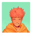  1boy border closed_eyes commentary facial_mark facing_viewer floral_background green_background habkart highres hood hood_down hoodie itadori_yuuji jujutsu_kaisen male_focus orange_hoodie pink_hair short_hair simple_background smile solo undercut upper_body white_border 