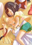  2girls bag black_hair blonde_hair blush braid closed_eyes dress drooling green_shorts handbag hat highres holding_another&#039;s_head lillie_(pokemon) long_hair lying lying_on_person multiple_girls pokemon pokemon_(game) pokemon_sm red_headwear selene_(pokemon) shirt short_hair short_sleeves shorts sleeping sleeveless sleeveless_dress sweatdrop tachi_(gutsutoma) twin_braids white_dress white_headwear yellow_shirt yuri z-ring 