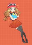  1girl :d blonde_hair blush chirosamu commentary_request eyelashes eyewear_on_headwear froakie full_body grid_background hat highres knees long_hair low-tied_long_hair open_mouth orange_background pink_headwear pleated_skirt pokemon pokemon_(creature) pokemon_(game) pokemon_xy serena_(pokemon) shirt shoes skirt sleeveless sleeveless_shirt smile sparkle sunglasses teeth thighhighs tongue upper_teeth_only 