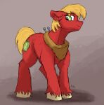  2023 absurd_res big_macintosh_(mlp) blonde_hair blonde_mane collar crossgender cutie_mark digital_media_(artwork) earth_pony equid equine female feral fetlocks friendship_is_magic fur green_eyes hair hasbro hi_res hooves horse inner_ear_fluff leg_tuft mammal mane mtf_crossgender my_little_pony pony red_body red_fur reddthebat smile solo tail tuft yellow_tail 