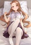 1girl absurdres asymmetrical_bangs b1ack_illust blush brown_hair forehead hair_spread_out highres idolmaster idolmaster_(classic) idolmaster_million_live! looking_at_viewer lying minase_iori on_back on_bed pantyhose purple_skirt skirt solo white_pantyhose 