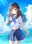  1girl artist_request blush bottle cloud cowboy_shot crop_top highres holding holding_bottle hot_water_bottle looking_at_viewer midriff navel ocean original pleated_skirt sailor_collar school_uniform serafuku shirt skirt solo water water_drop white_shirt 