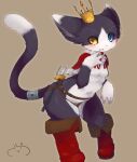  2016 4_fingers accessory anthro arm_tuft bared_teeth belt big_ears biped black_and_white_fur black_body black_ears black_fur black_tail blue_eyes blue_pupils blush boots breasts brown_background capelet cat-sith celtic_mythology cheek_tuft chipar claws clenched_teeth clothed clothing colored countershade_face countershade_fur countershade_legs countershade_torso countershading crown digital_media_(artwork) dipstick_ears dipstick_tail domestic_cat elbow_tuft european_mythology eyelashes facial_tuft featureless_breasts felid feline felis female finger_claws fingers fluffy fluffy_ears fluffy_tail footwear front_view full-length_portrait fur fur_trim_(clothing) furgonomics glistening glistening_eyes gloves_(marking) grey_inner_ear headgear heterochromia hi_res humanoid_hands jewelry kemono leaning leaning_forward looking_at_viewer mammal markings melee_weapon mostly_nude multicolored_ears multicolored_tail mythology navel no_sclera pear-shaped_figure portrait pupils rapier red_boots red_capelet red_clothing red_footwear ring scabbard shaded sharp_teeth simple_background small_breasts small_claws solo standing sword tail tail_accessory tail_jewelry tail_markings tail_ring tailband teeth three-quarter_view tuft two_tone_ears two_tone_tail weapon whiskers white_body white_claws white_countershading white_ear_tips white_ears white_fur white_tail white_tail_tip wide_hips yellow_eyes yellow_pupils 