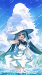  1girl :d bare_shoulders black_shirt blue_eyes blue_hair blue_nails blue_sky blush bow bracelet cloud cloudy_sky collarbone cumulonimbus_cloud daidou_(demitasse) day dot_nose dress hair_between_eyes hair_bow hand_up hat hatsune_miku highres jewelry layered_clothes legs_together long_hair looking_at_viewer meteor_shower nail_polish open_hand open_mouth outdoors pendant pleated_dress shirt sidelocks skirt_hold sky sleeveless sleeveless_dress sleeveless_shirt smile solo sundress thigh_gap twintails very_long_hair vocaloid wading water water_drop white_bow white_dress white_headwear 