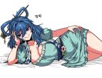  1girl aqua_dress blue_eyes blue_hair breasts cleavage closed_mouth collarbone dress flower formicid frilled_sleeves frills hair_between_eyes hair_ornament hair_rings hair_stick hand_on_own_head kaku_seiga korean_text large_breasts lying medium_hair on_side open_clothes open_vest short_sleeves simple_background smile solo touhou vest white_background white_flower white_vest 