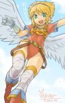  1girl angel_wings armor blonde_hair breath_of_fire dated feathered_wings gloves green_eyes hairband highres leotard looking_at_viewer nina_(breath_of_fire_i) open_mouth oyster_(artist) red_leotard short_hair smile solo thighhighs white_wings wings 