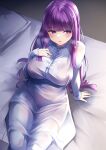  1girl arm_support bed bed_sheet breasts commentary cut_bangs dress fern_(sousou_no_frieren) fingernails hand_on_own_chest highres irohara large_breasts long_hair looking_to_the_side on_bed pillow purple_eyes purple_hair revision sitting solo sousou_no_frieren white_dress 