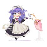  1girl ahoge blue_eyes chibi commentary cup english_commentary fang full_body head_wings heterochromia highres holding holding_tray long_sleeves looking_at_viewer maid maid_headdress nijisanji nijisanji_en open_mouth pink_eyes pointy_ears purple_hair selen_tatsuki shibedraws simple_background skin_fang solo tea teacup tongue tray twitter_username virtual_youtuber watermark white_background wings 