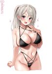  1girl alternate_costume bare_shoulders bikini black_bikini blush breasts collarbone conte_di_cavour_(kancolle) cropped_legs ebifurya grey_hair groin hair_between_eyes hand_on_own_chest hand_up highleg highleg_bikini highres kantai_collection large_breasts long_hair looking_at_viewer multi-strapped_bikini navel o-ring o-ring_bikini one-hour_drawing_challenge open_mouth parted_bangs purple_eyes simple_background skindentation smile solo sparkle stomach swimsuit thighs twitter_username two_side_up white_background 
