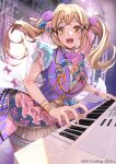  1girl bang_dream! blonde_hair floral_print flower hair_flower hair_ornament highres ichigaya_arisa instrument keyboard_(instrument) long_hair looking_at_viewer official_art open_mouth pink_flower pink_rose ribbon rose twintails untue x_hair_ornament yellow_ribbon 