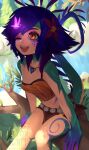  1girl ;d bare_arms bare_legs bare_shoulders breasts bug butterfly butterfly_on_head colored_skin commentary day english_commentary flower green_skin hair_flower hair_ornament highres in_tree jewelry league_of_legends lizard_tail monster_girl multicolored_skin nature necklace neeko_(league_of_legends) one_eye_closed open_mouth orange_eyes outdoors pelvic_curtain purple_skin sitting sitting_in_tree slit_pupils small_breasts smile solo swept_bangs tail teeth tree upper_teeth_only yoako 
