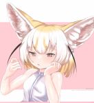  1girl akegata_tobari animal_ear_fluff animal_ears armpit_crease artist_name black_hair blonde_hair blush breasts brown_eyes extra_ears fennec_(kemono_friends) fox_ears fox_girl fox_tail highres inspecting kemono_friends medium_hair multicolored_hair open_mouth shirt simple_background sleeveless sleeveless_shirt small_breasts solo tail two-tone_hair upper_body web_address white_hair 