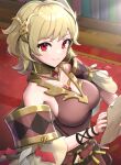  1girl bare_shoulders blonde_hair book breasts citrinne_(fire_emblem) earrings fire_emblem fire_emblem_engage gonzarez hair_ornament hairclip highres holding holding_book hoop_earrings indoors jewelry library looking_at_viewer medium_breasts red_eyes 