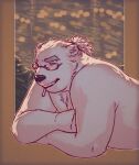 absurd_res anthro bear beepzeep belly cigarette cigarette_in_mouth clothed clothing eyewear fur glasses hair hi_res leib_(tas) lifewonders lying male mammal object_in_mouth on_front polar_bear ponytail slightly_chubby smoking solo tokyo_afterschool_summoners topless ursine white_body white_fur 