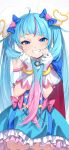  1girl absurdres blue_dress blue_eyes blue_hair commentary_request cure_sky dress eyelashes fingerless_gloves gloves gradient_hair grin hair_ornament happy highres hirogaru_sky!_precure holding holding_hair long_hair looking_at_viewer magical_girl mamadasky multicolored_hair pink_hair precure simple_background smile solo sora_harewataru streaked_hair thighhighs thighs twintails very_long_hair white_background white_gloves 