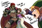  1girl 2boys blonde_hair breasts brown_hair cape cleavage colored_skin covered_abs dress english_text evil_smile fingerless_gloves forehead_jewel ganondorf gloves green_headwear green_skin hat highres link long_dress medium_breasts multiple_boys open_mouth pointy_ears princess_zelda reaching red_cape red_hair sidelocks smile sweatdrop the_legend_of_zelda the_legend_of_zelda:_ocarina_of_time the_legend_of_zelda:_twilight_princess tina_fate v-shaped_eyebrows 