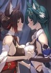  2girls absurdres animal_ear_fluff animal_ears bare_shoulders blue_hair blush breast_press breasts brown_dress brown_hair commentary_request detached_sleeves dress eye_contact fox_ears grey_eyes grin hair_ornament highres holding_hands honkai:_star_rail honkai_(series) large_breasts long_hair looking_at_another multiple_girls partial_commentary purple_eyes shiratategosha sleeveless sleeveless_dress smile symmetrical_docking tingyun_(honkai:_star_rail) upper_body very_long_hair yukong_(honkai:_star_rail) yuri 