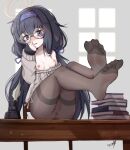  absurdres anus black_hair black_pantyhose blue_archive blue_eyes blue_hairband blue_ribbon blush book book_stack boppin breasts cardigan cleft_of_venus collarbone commentary desk feet foot_focus glasses grey_cardigan hair_ribbon hairband halo highres legs legs_up long_hair long_sleeves low_twintails nipples no_bra no_panties no_pants no_shoes nose_blush on_desk pantyhose parted_lips pussy ribbon round_eyewear see-through sitting sitting_on_desk sleeves_past_wrists small_breasts soles thighband_pantyhose toes twintails ui_(blue_archive) yellow_halo 
