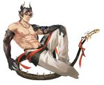  1boy abs absurdres anjingkuxiao arknights bara chong_yue_(arknights) dragon_boy dragon_horns dragon_tail ear_piercing earrings highres horns jewelry looking_at_viewer male_focus multicolored_hair necklace pants pectorals piercing red_eyes signature sitting tail topless_male white_background white_pants 