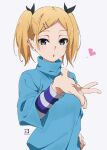  1girl black_eyes blonde_hair blowing_kiss blue_sweater commentary_request hair_ornament hair_ribbon hairclip hand_on_own_hip heart highres looking_at_viewer miyahara_takuya mole mole_under_eye open_mouth ribbon scene_reference shirobako short_hair short_twintails simple_background solo sousou_no_frieren sweater turtleneck turtleneck_sweater twintails upper_body yano_erika 