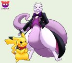  anthro bow_tie butler cigar clothing doritomon duo generation_1_pokemon hi_res legendary_pokemon looking_at_viewer male mewtwo nintendo pikachu pokemon pokemon_(species) suit topwear vest 