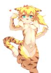  &lt;3 anthro blonde_hair blue_eyes blush breasts censored ears_down felid feline female fur genitals gesture hair hi_res mammal medli_(artist) mia_(world_flipper) pivoted_ears pussy solo striped_body striped_fur stripes v_sign world_flipper yellow_body yellow_fur 