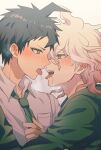  2boys after_kiss blush brown_eyes brown_hair collared_shirt danganronpa_(series) danganronpa_2:_goodbye_despair eye_contact green_jacket green_necktie grey_hair hair_between_eyes highres hinata_hajime jacket komaeda_nagito looking_at_another male_focus medium_hair multiple_boys necktie profile saliva saliva_trail shirt short_hair simple_background sweat teeth tongue tongue_out upper_teeth_only white_background wi_ko_(s_ico_2) yaoi 