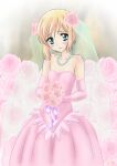  1boy blonde_hair boku_no_pico bouquet bridal_veil bride crossdressing dress elbow_gloves flower gloves green_eyes hair_flower hair_ornament holding holding_bouquet looking_at_viewer male_focus otoko_no_ko pico_(boku_no_pico) pink_dress pink_flower pink_gloves pink_rose rose short_hair_with_long_locks strapless strapless_dress veil wedding_dress yoshiten 