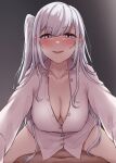  1boy 1girl absurdres blush bottomless breasts cleavage collarbone collared_shirt cowgirl_position dress_shirt fuyutsuki_(kancolle) girl_on_top grey_hair hetero highres implied_sex kantai_collection kiritto large_breasts long_hair long_sleeves looking_at_viewer naked_shirt one_side_up open_clothes pov sex shirt simple_background solo_focus straddling sweat tongue tongue_out very_long_hair white_hair white_shirt 