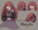  1girl absurdres character_name closed_eyes dress expressions grey_background highres long_hair long_sleeves looking_at_viewer momomosae multiple_views open_mouth red_hair simple_background smile teeth upper_body wavy_hair 