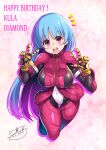 absurdres belt blue_hair bodysuit breasts c.r. full_body gloves happy_birthday highres kula_diamond large_breasts long_hair looking_at_viewer purple_eyes signature smile snowflakes the_king_of_fighters v wide_hips zipper 