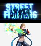  aura blonde_hair blue_jacket cammy_white clenched_hand gauntlets guile han_juri highres jacket jamie_siu ken_masters logo midriff punching shadow short_hair street_fighter street_fighter_6 the_king_of_fighters_all-stars 