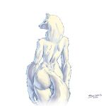  2023 anthro artist_name butt canid canine canis female fluffy fur hi_res looking_back mammal nude rear_view red_eyes sedrid_art shoulder_tuft solo tuft white_body white_fur wolf 