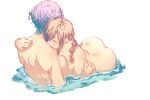  2girls ass breasts closed_eyes completely_nude hair_over_one_eye highres large_breasts medium_hair multiple_girls nude original partially_submerged purple_hair red_hair short_hair user_rtvp7435 water yuri 
