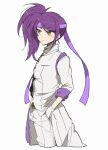  1girl closed_mouth coat commentary_request cowboy_shot cropped_legs frown gloves hand_in_pocket headband highres long_hair looking_to_the_side nojima_minami pants pretty_(series) pripara purple_hair purple_headband side_ponytail simple_background sleeves_rolled_up solo standing toudou_shion white_background white_coat white_gloves white_pants yellow_eyes 